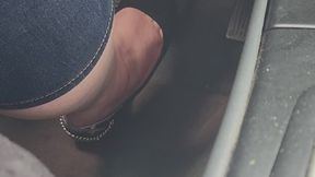 Black suede 6inch peep toe pumps driving red toe nails cranking pedal pumping denim capris