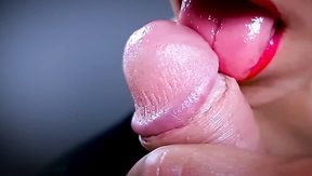 Seductive babe wears red lipstick and sucks cock in close up till cumshot