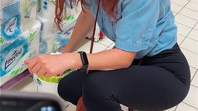 Public store fingering: Amateur cums under orgasm control