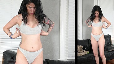 Jazmin models two outfits a lingerie set and a swim set
