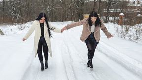 HIGH HEELS Kris and Ellie slide on the snow