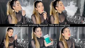 Angie power smoking Newport 100s and coughing wearing see through top, choker and high ponytail