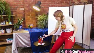 Big Tit blondie fucks her unshaved snatch with cucumber