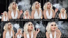 Short haired addicted blonde smoking Marlboro Red 100s