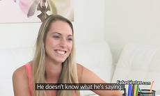 Blonde amateur fucked by lesbian fake agent