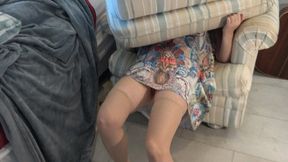 Stepmom is stuck under the ottoman