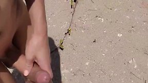 Exhibitionist shemale strokes uncut cock on beach