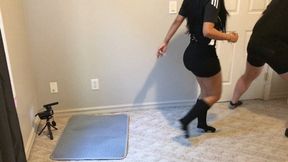 Soccer girl kicks balls in socks