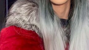 Slavena is smoking a cigarette in red fur with a redlips