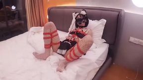Blindfolded Brunette Straps On with Asian Master