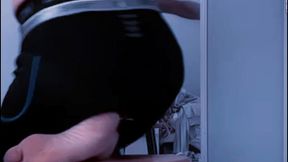 close up on stool in briefs and compression tights slowed down time lapse showing bulge belly ass legs