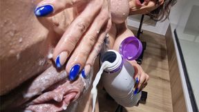 fbb milky shower clit veiny ripped nude pecs solo big pussy female pumped horny shower time