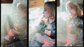 Car hotboxing in Bikini & Latex & Boots