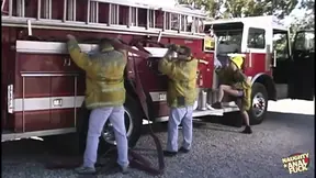 Blazing hot firefighter foursome devoured by fire engine's fiery fornication frenzy