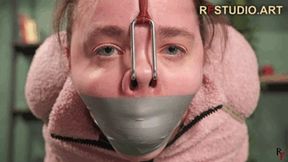 Arina - Incredibly tight hogtie in a semi-suspension, tape gag, nose hook, and nipple clamps (FULL HD MP4)