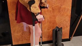 walk with crutches, cast on right feet and nice Boots in a sexy outfit