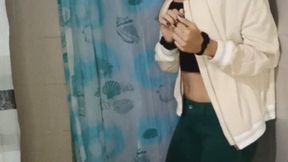 DY tied up with college jacket and skinny jeans and soaking wet