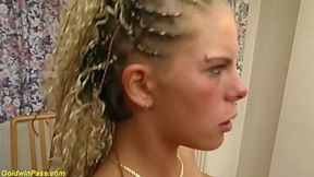 Monika Sommer, a skinny German teen, gets doubled over and fucked by her stepsiblings with large dicks