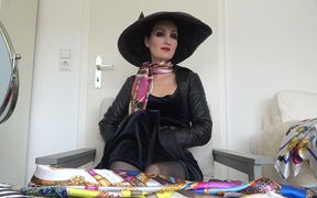 New satin scarves worn as a neckerchief with a large hat