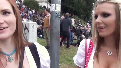 Horny dude found two slutty waitresses who were up for public sex on the Oktoberfest