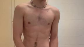 Public restroom romp with door ajar, young stud unleashes primal lust amidst urinals and stalls
