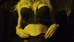 fetish club toilet bj and fuck with gas mask guy in pvc and bondage dress