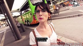 Skinny German teen gets picked up at bus station for wild group sex