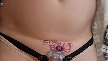SISSY'S HUGE CUMSHOT IN CHASTITY BELT.