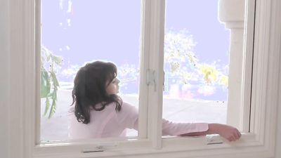 A women stuck in a window gets fucked from behind and a cock stuffed in her face