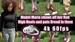 4K 60fps | Model Maria shows off her red high heels and puts bread in them Then she puts her high heels back on barefoot and crushes the bread