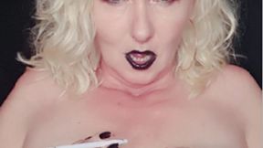 Smoker MILF intensely pulls her 2 EVE 120s and shows you topless on her dildo a smoky blowjob Part I
