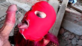 depraved girl in balaclava gives a blowjob and gets surprise cum in mouth