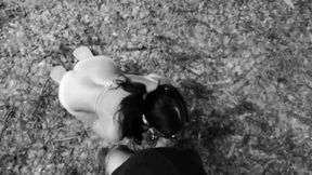 Naked submissive slut taken for a walk on a leash in forest HUMILIATION