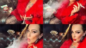 Misty Menthol 120 - Lady Smoker smoking in her red fur coat, pantyhose and high heels
