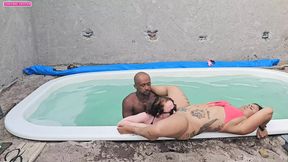 Jerking off to the pool and fucking two hot chicks with cumshot inside