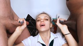 katty fox wearing pantyhose gets fucked by black and white guy in a mfm threesome