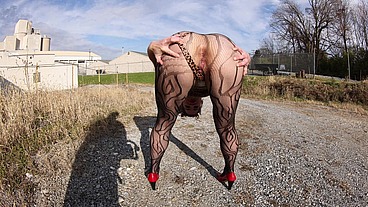 Thong leotard - exhibitionist on the docks