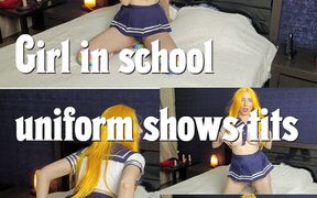 Girl in college uniform shows tits