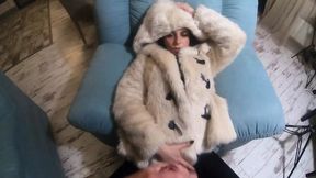 Blowjob while bossing around in white fur coat and ugg booty, 208 strokes deep