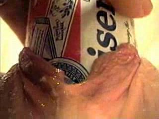 Beer can stretches my lusty skanky GF's pussy to its limits