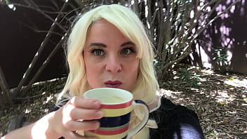 cute butt blonde tease drinks coffee