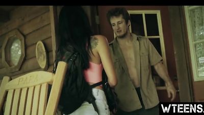 Hot horny brunnette lost in the jungle getting her tushy fucked deeply and hard in cabin