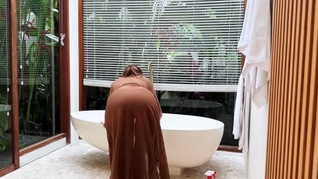 Cleaning Bathroom with Sexy Brunette in Transparent Robe without Underwear * Amy Haze