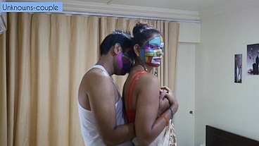 Sexy artist couple making art together
