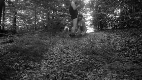 Naked submissive slut walked on a leash through the woods