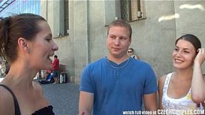 Filthy Czech teens exchange cash for raunchy public foursome action in squalid alleys