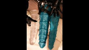 Anal expansion with middle size turquoise dildo and long dildo