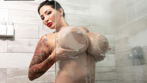 BBW Ricki Raxxx is taking a shower and touching her hairy pussy