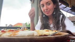 Girl eats pizza, swallows sperm, shows off facial cumshot look in public