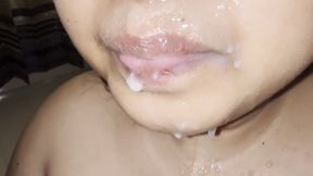 Sepson Huge cum Relese On Hot mom&#039;s Face when he gets supper sloppy blowjob from Stepmom in Hotel on Midnight